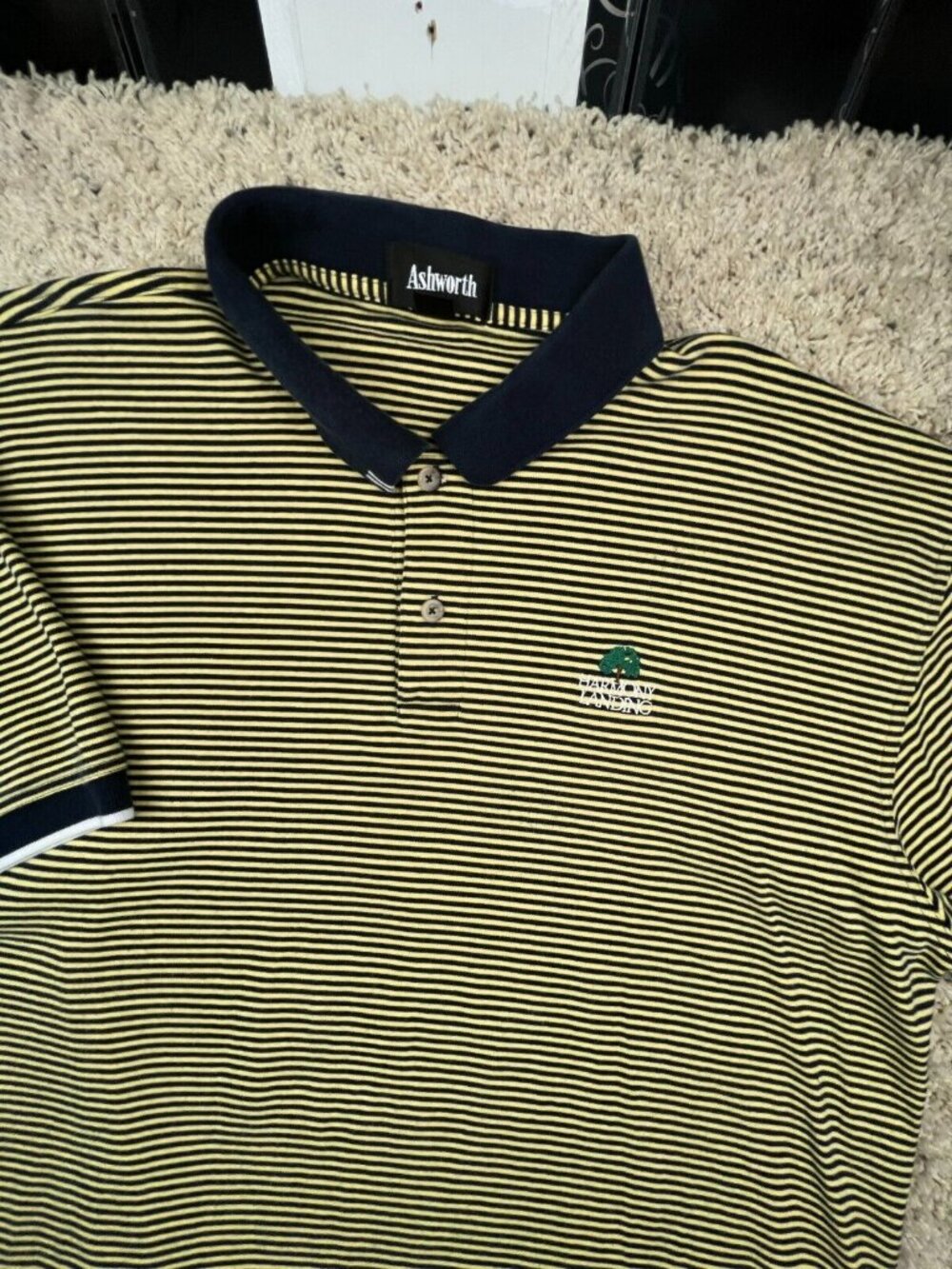 Ashworth Mens Polo XL Yellow Blue Striped Golf Shirt HARMONY LANDING CLUB